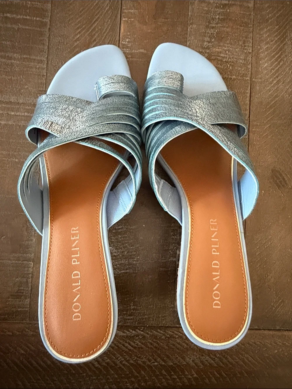 Donald J. Pliner Silver Metallic Crisscross Slide Mules